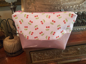 Pink Glitter Vinyl & Cherry Fabric - Zippered Pouch