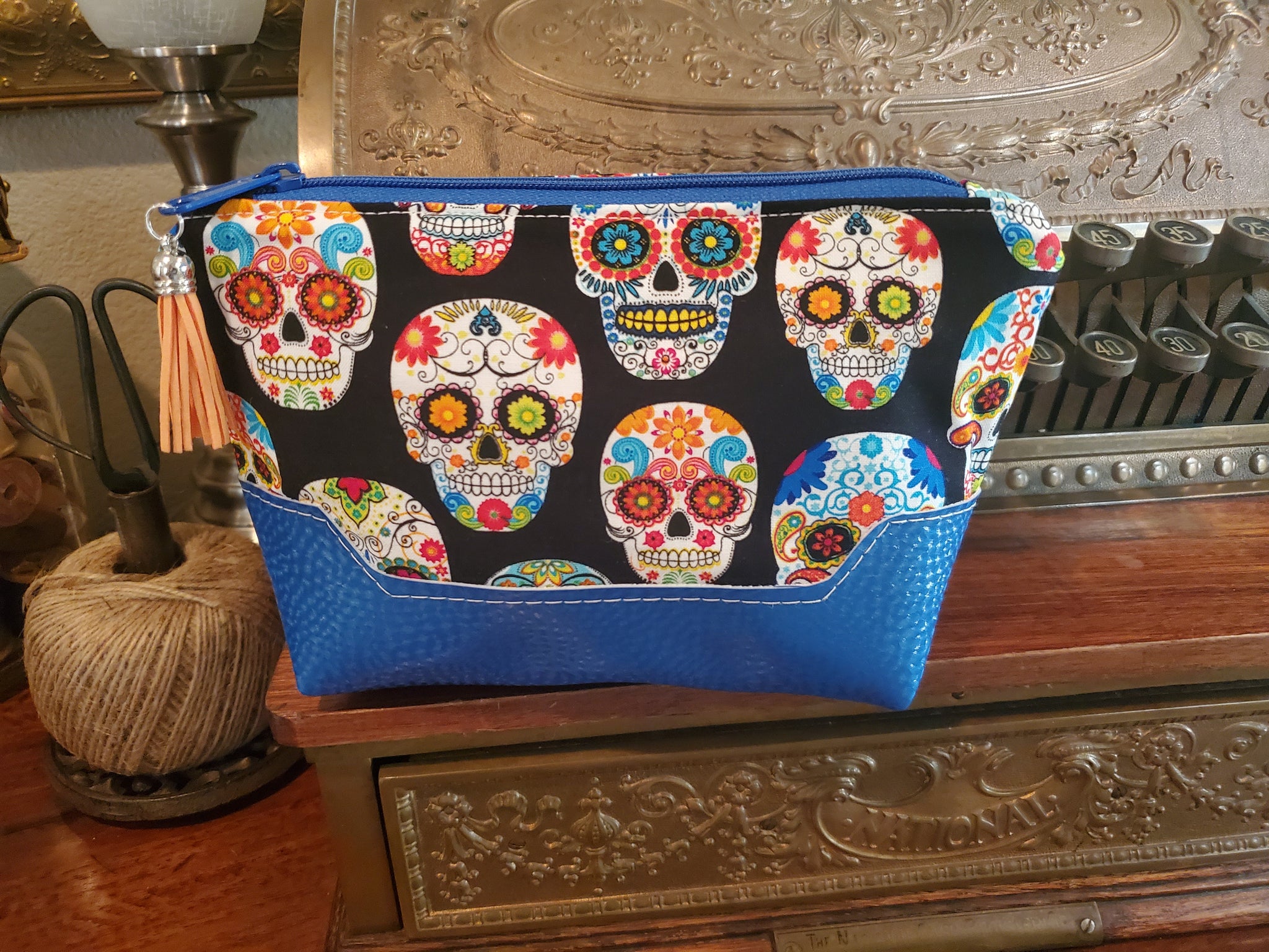 Sugar Skull Fabric with Blue Vinyl - Zippered Pouch