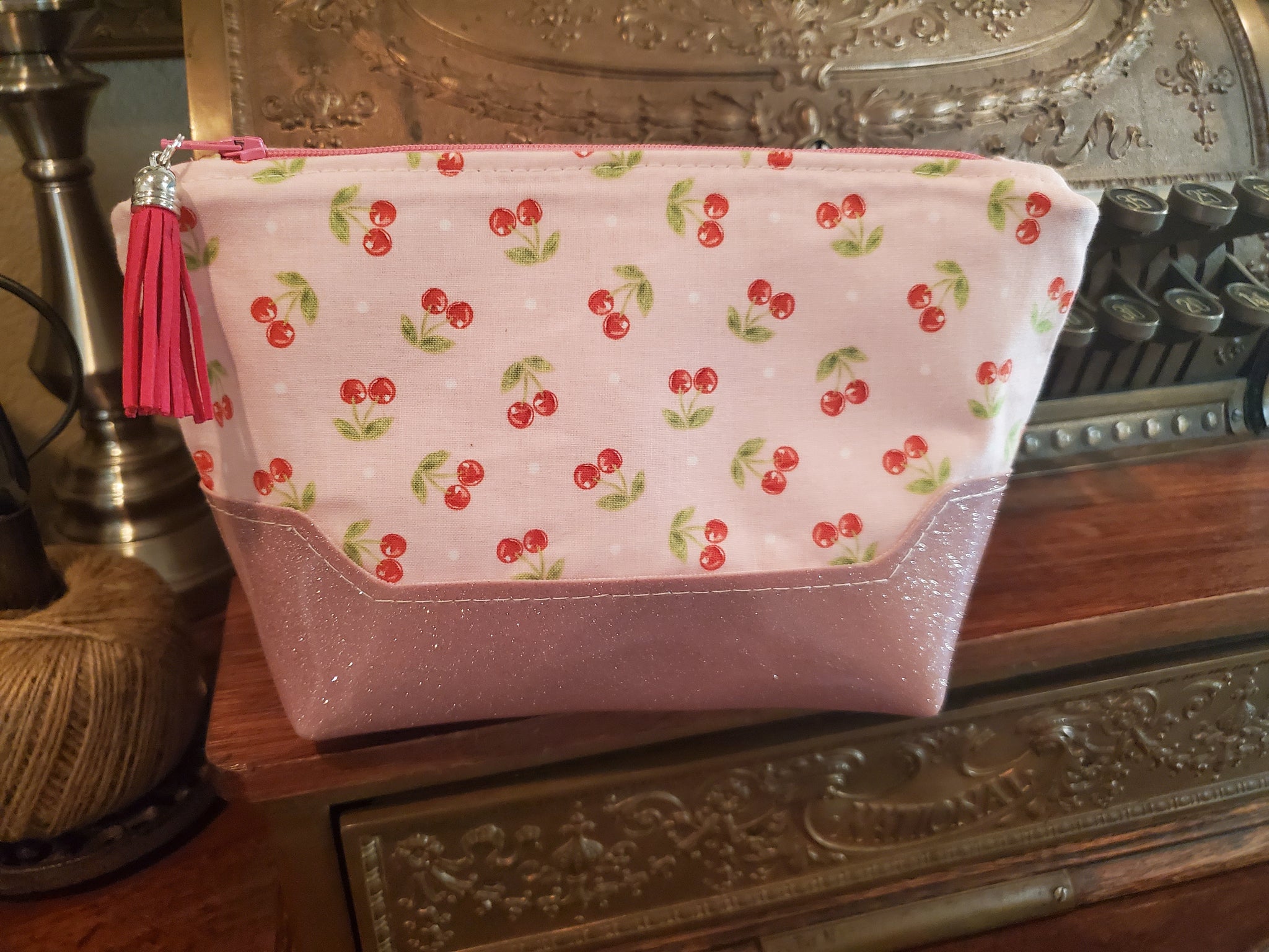 Pink Glitter Vinyl & Cherry Fabric - Zippered Pouch