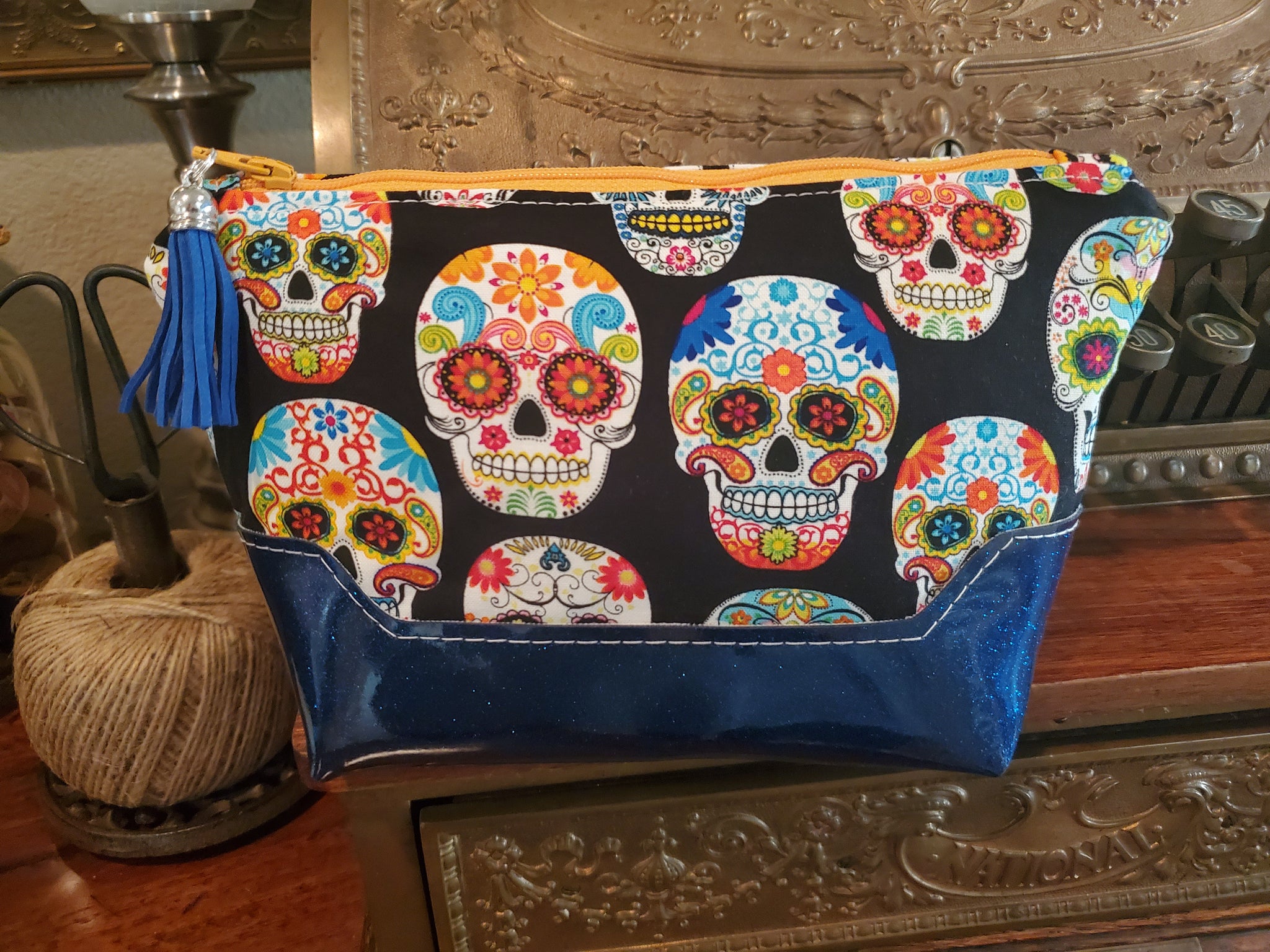 Sugar Skull Fabric with Blue Glitter Vinyl - Zippered Pouch