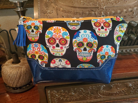 Sugar Skull Fabric with Blue Glitter Vinyl - Zippered Pouch