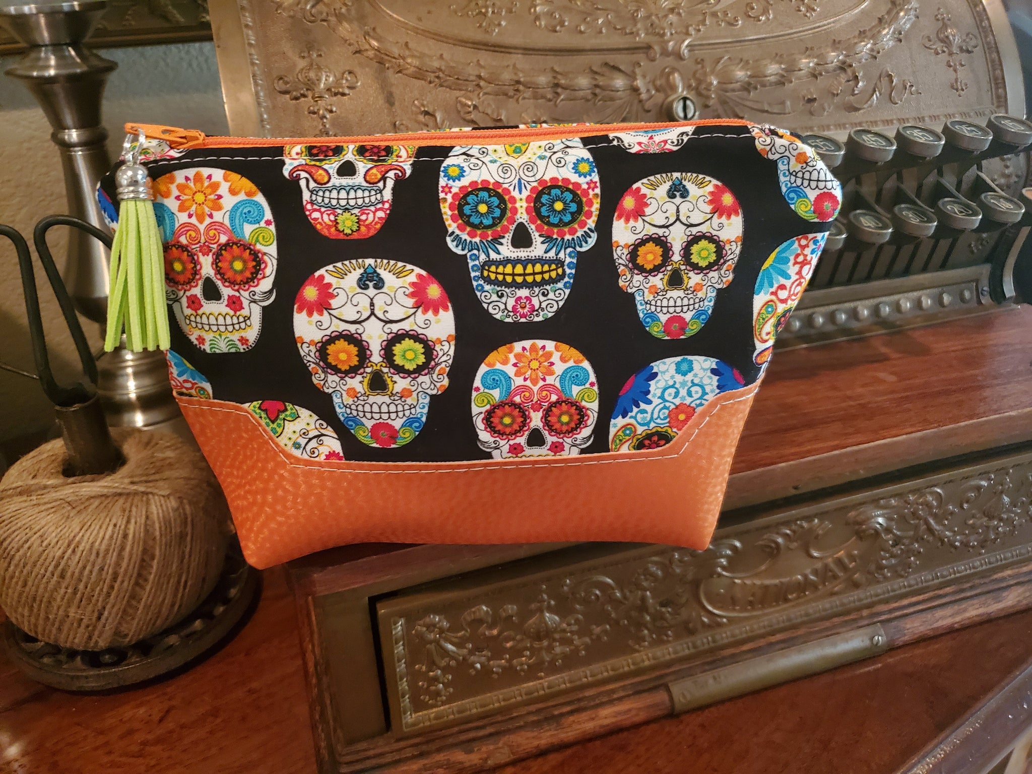 Orange Vinyl & Sugar Scull Fabric - Zippered Pouch