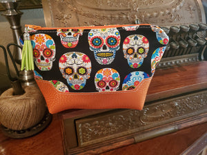 Orange Vinyl & Sugar Scull Fabric - Zippered Pouch