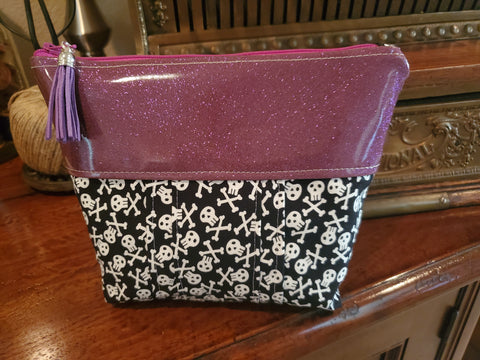 Purple Glitter Vinyl & Skull and Crossbones Fabric - Zippered Pouch