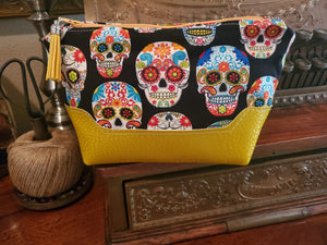 Yellow Vinyl & Sugar Skull Fabric - Zippered Pouch