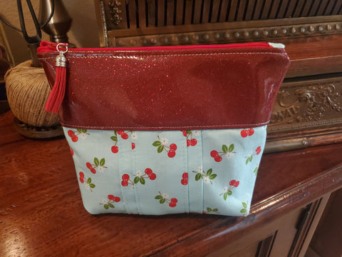 Red Glitter Vinyl & Cherry Fabric - Zippered Pouch