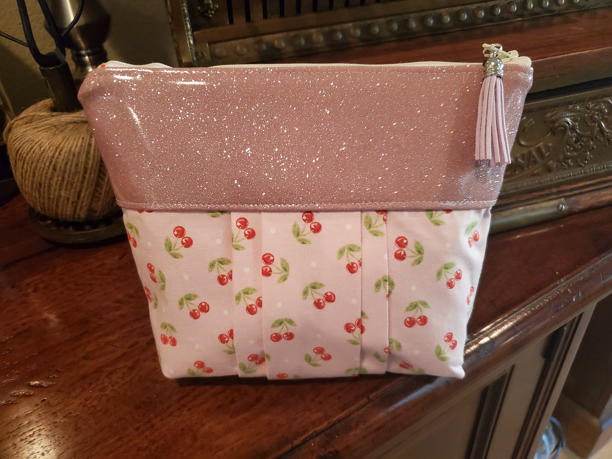 Pink Glitter Vinyl & Cherry Fabric - Zippered Pouch