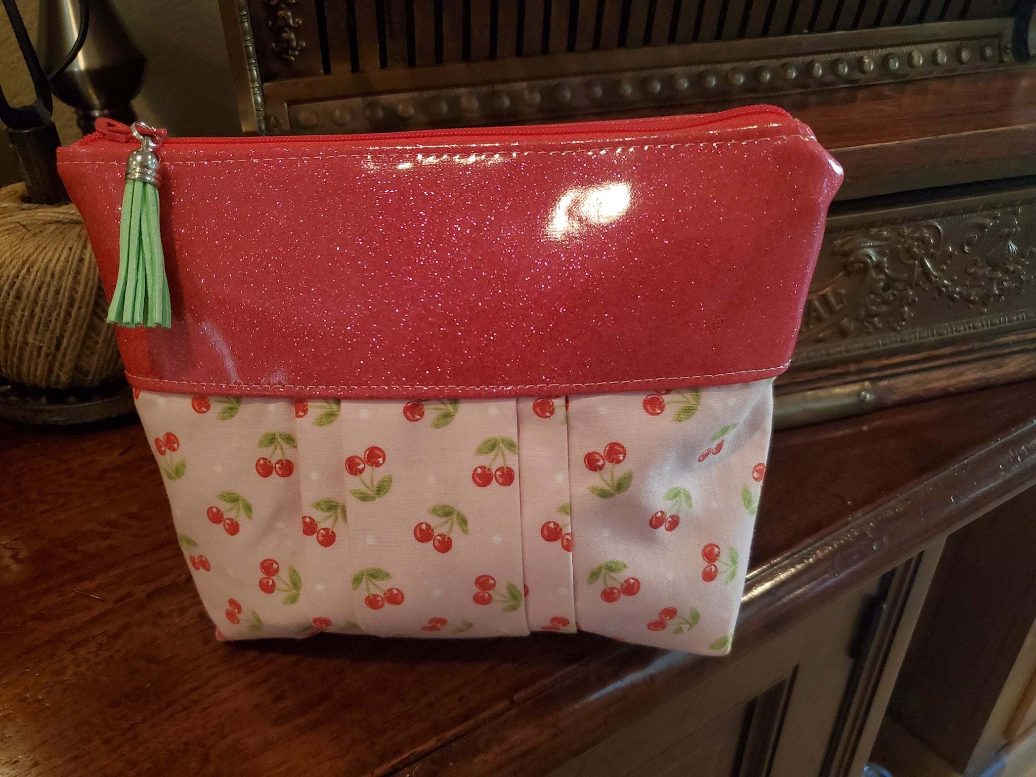 Cherry Glitter Vinyl & Cherry Fabric - Zippered Pouch