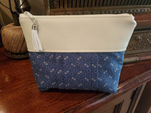 Cream Vinyl & Navy Fabric - Zippered Pouch