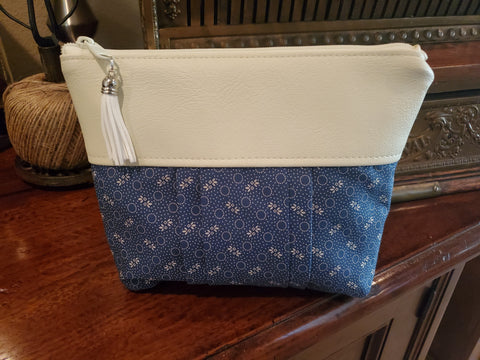 Cream Vinyl & Navy Fabric - Zippered Pouch