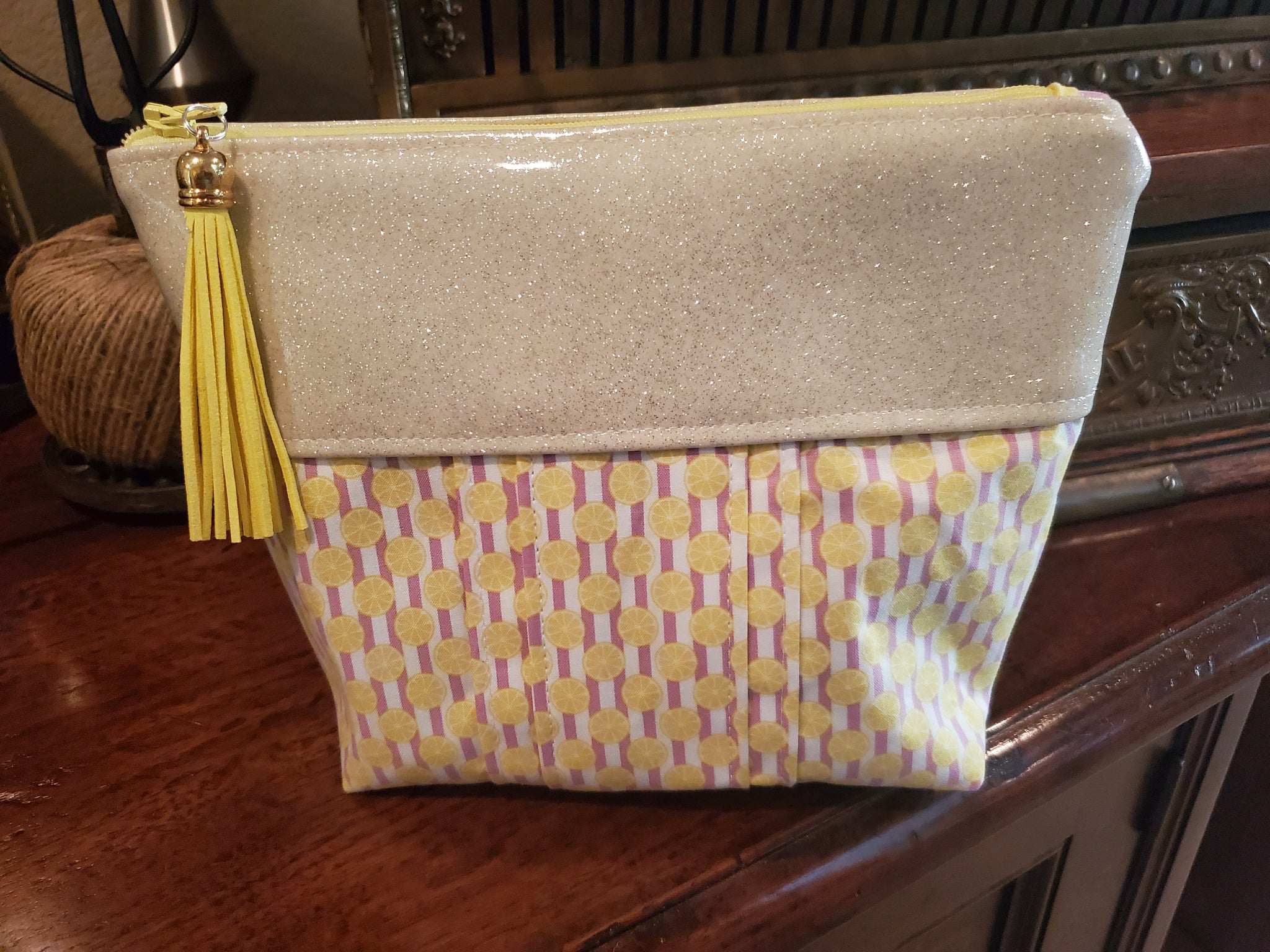 Cream Glitter Vinyl & Lemonade Fabric - Zippered Pouch