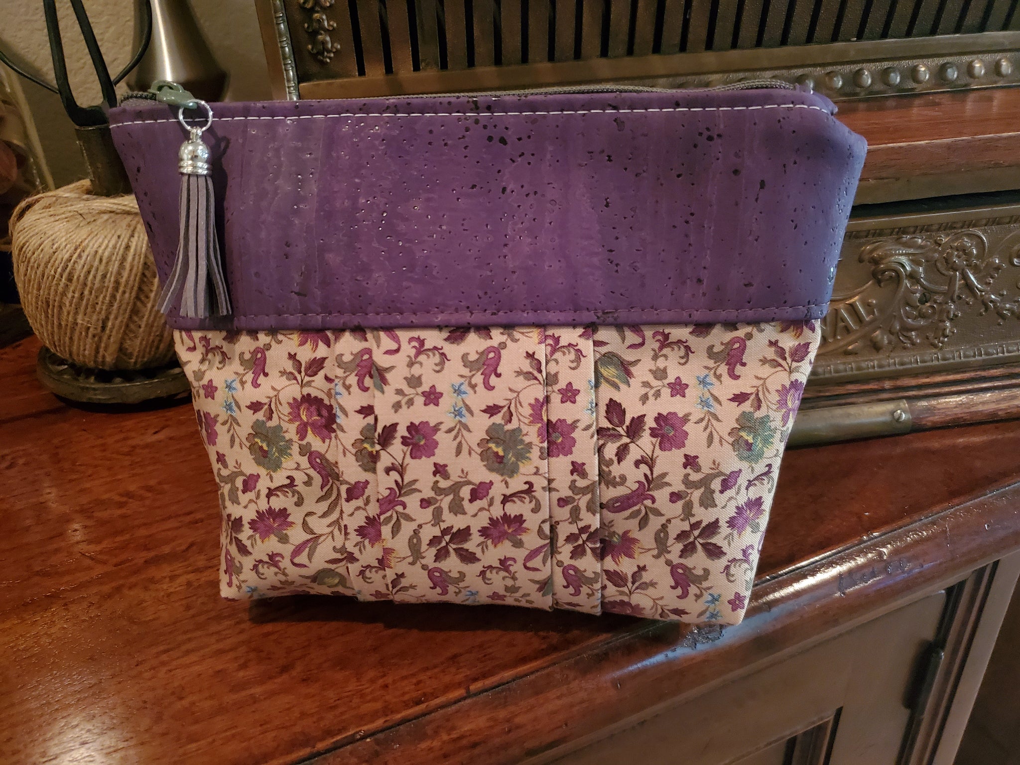 Purple Cork & Floral Fabric - Zippered Pouch