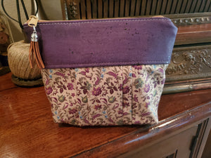 Purple Cork & Floral Fabric - Zippered Pouch