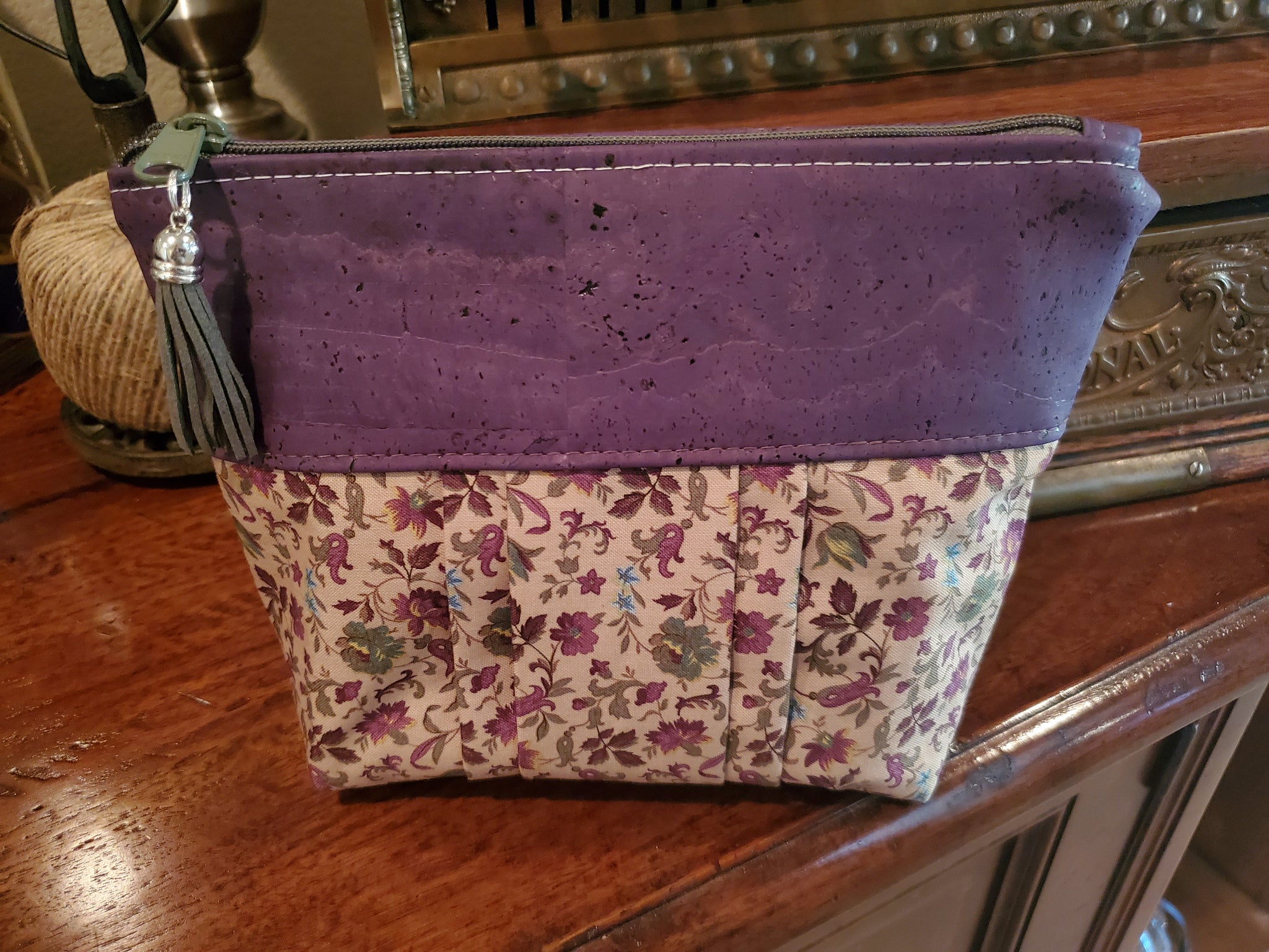 Purple Cork & Floral Fabric - Zippered Pouch