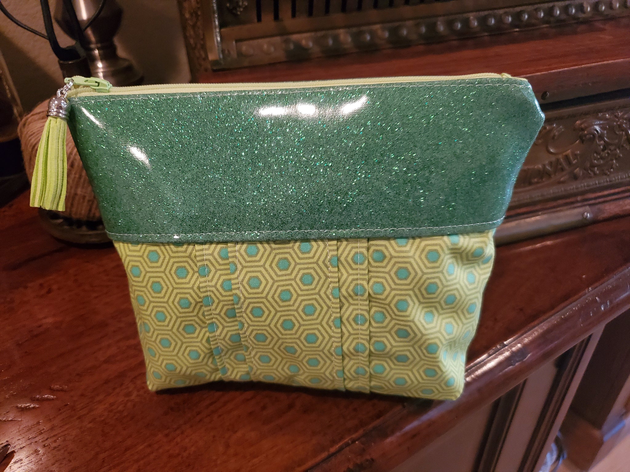 Green Glitter Vinyl & Modern Fabric - Zippered Pouch