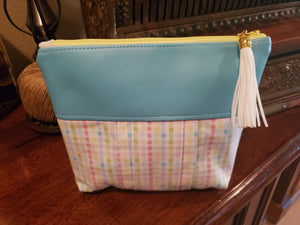 Aqua Vinyl & Plaid Fabric - Zippered Pouch