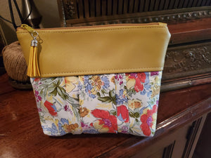 Yellow Vinyl & Floral Fabric - Zippered Pouch