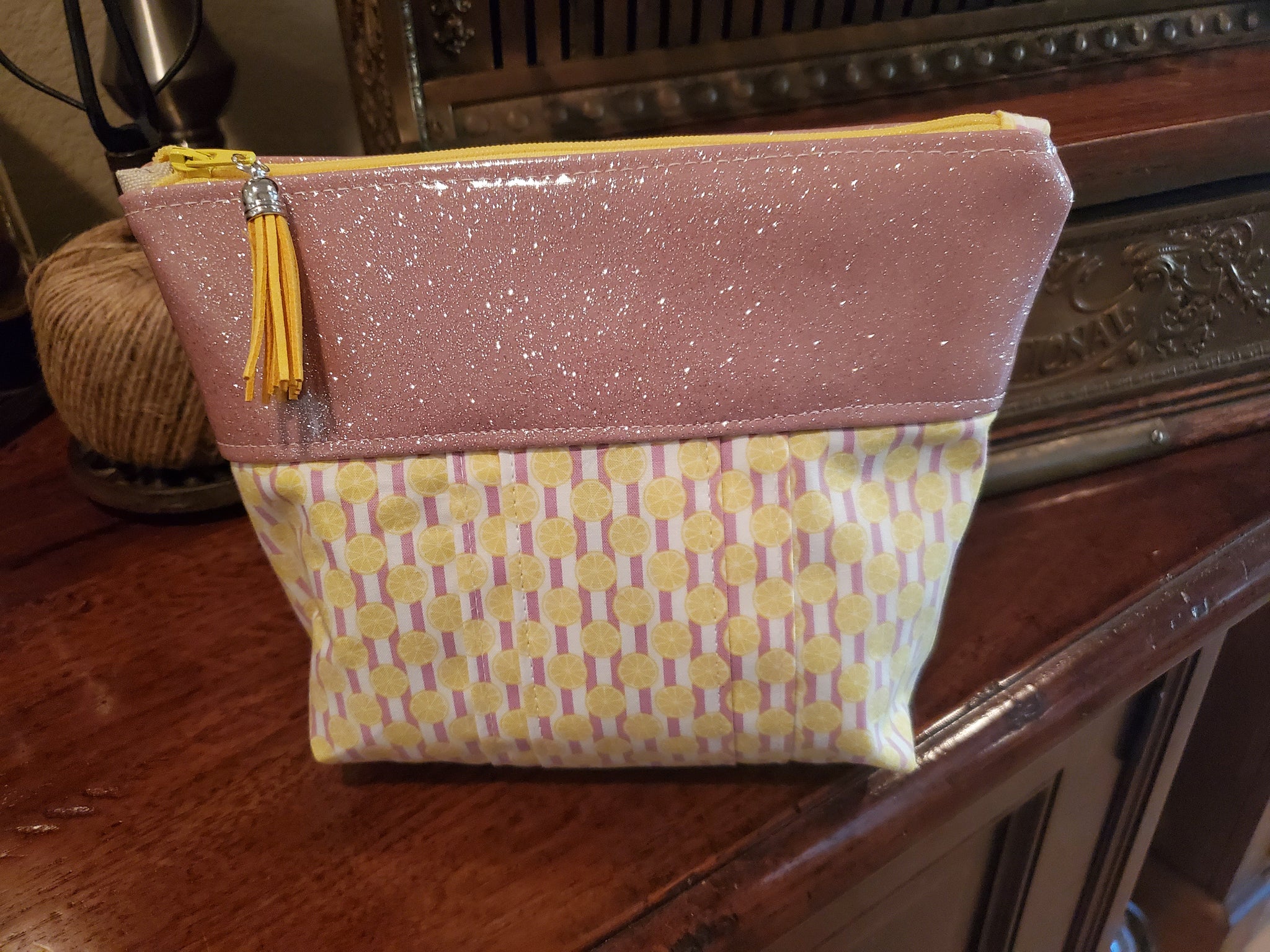 Pink Glitter Vinyl & Lemonade Fabric - Zippered Pouch