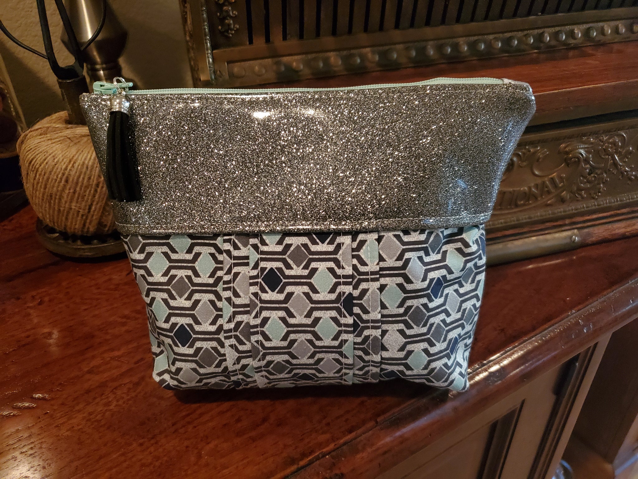 Dark Grey Glitter Vinyl & Abstract Fabric - Zippered Pouch