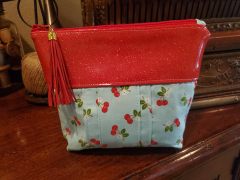 Cherry Glitter Vinyl & Cherry Fabric - Zippered Pouch