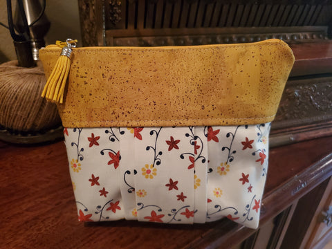 Yellow Cork and Floral Fabric - Zippered Pouch