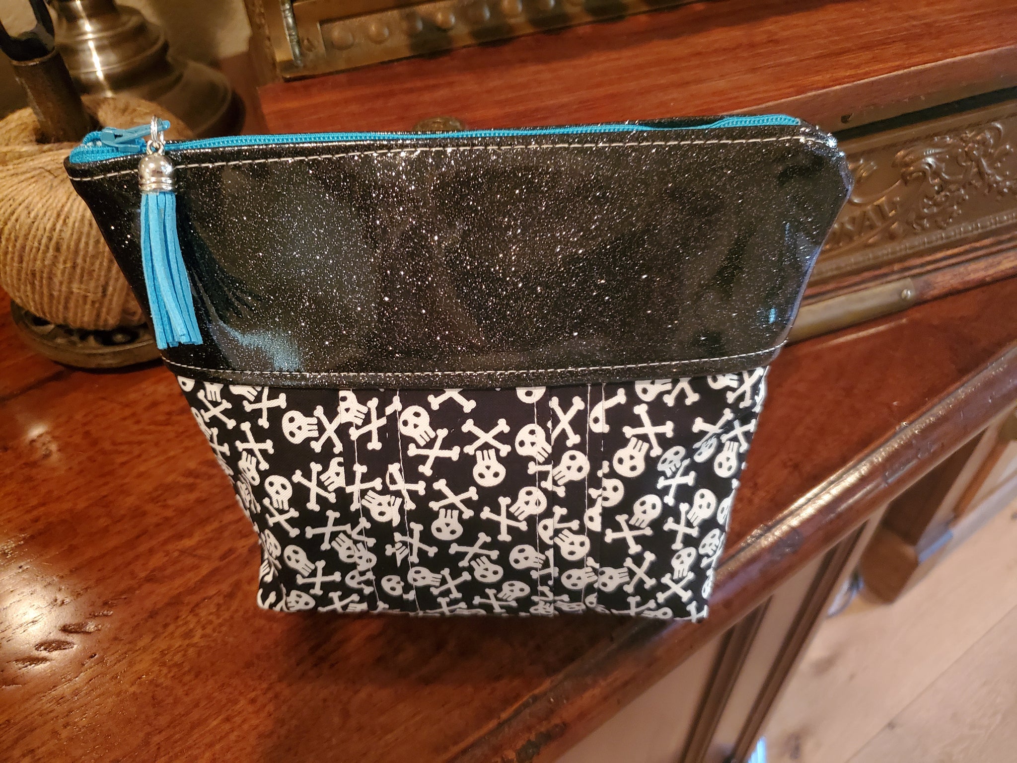 Skull and Crossbones Fabric with Black Glitter Vinyl - Zippered Pouch