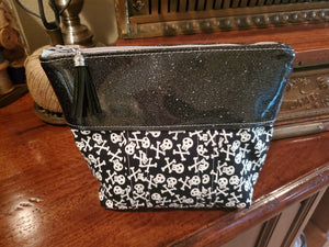 Skull and Crossbones Fabric w/ Black Glitter Vinyl - Zippered Pouch