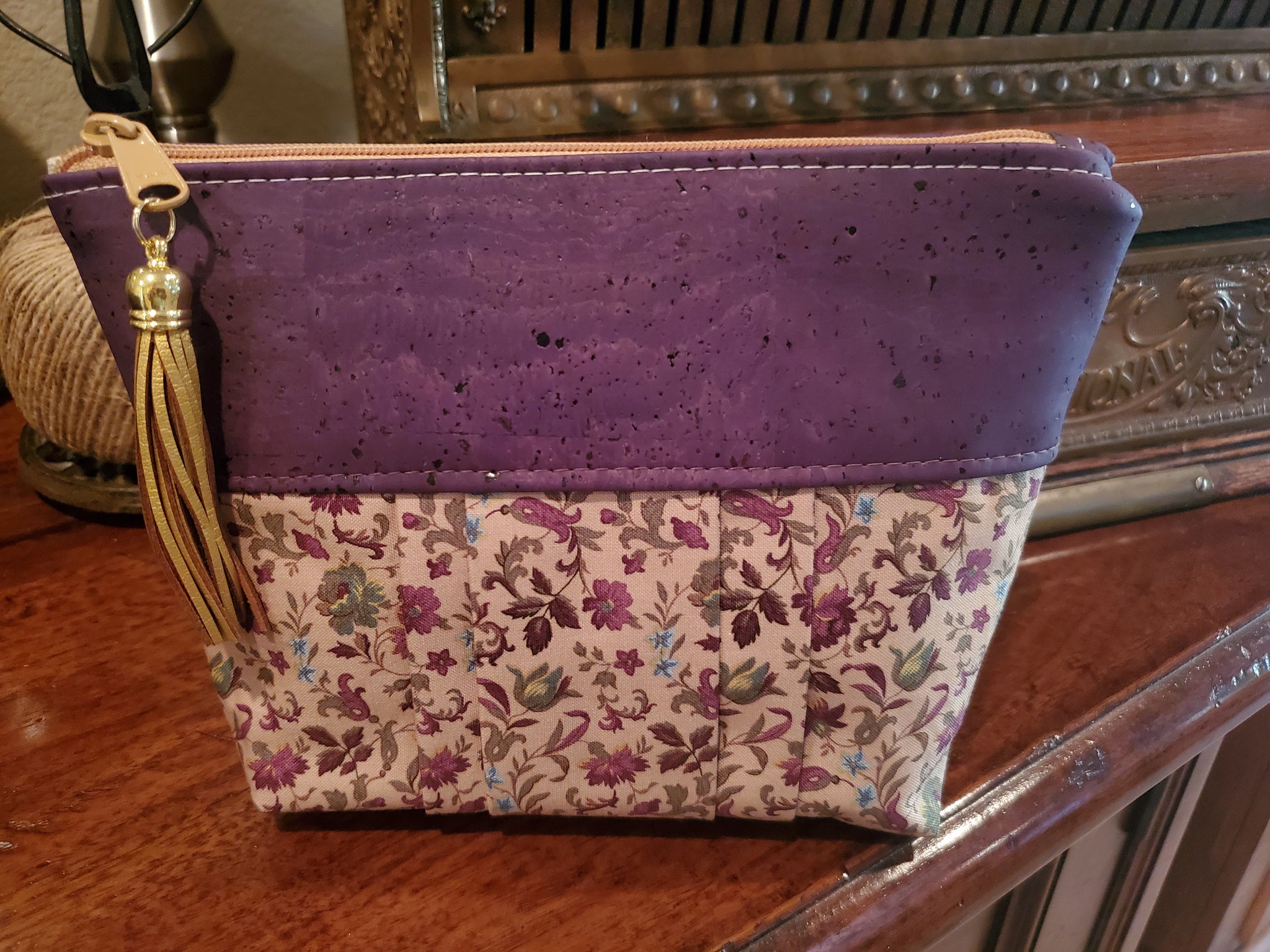 Purple Cork & Floral Fabric - Zippered Pouch