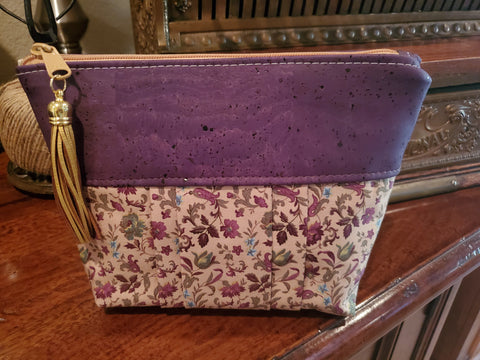 Purple Cork & Floral Fabric - Zippered Pouch