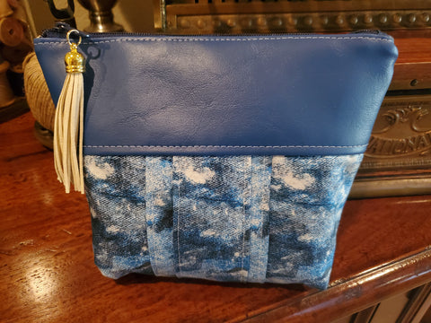 Navy Blue Vinyl & Fabric - Zippered Pouch