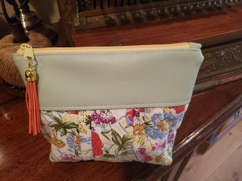 Vinyl & Floral Fabric - Zippered Pouch