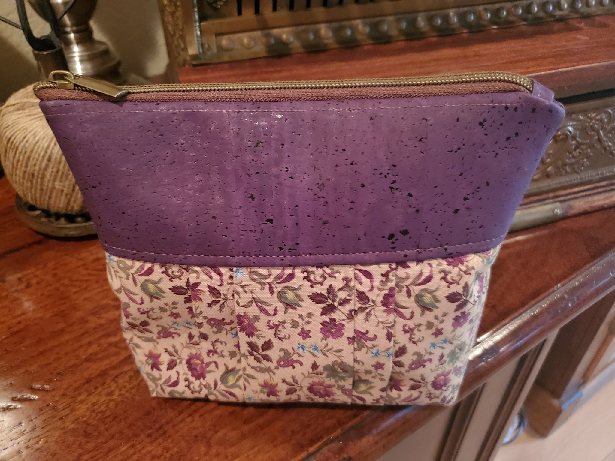 Purple Cork & Floral Fabric - Zippered Pouch