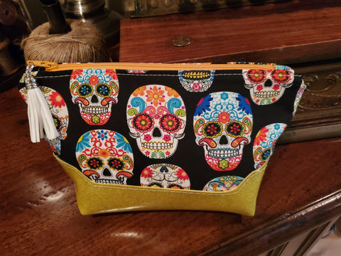 Yellow Glitter Vinyl & Sugar Skull Fabric - Zippered Pouch