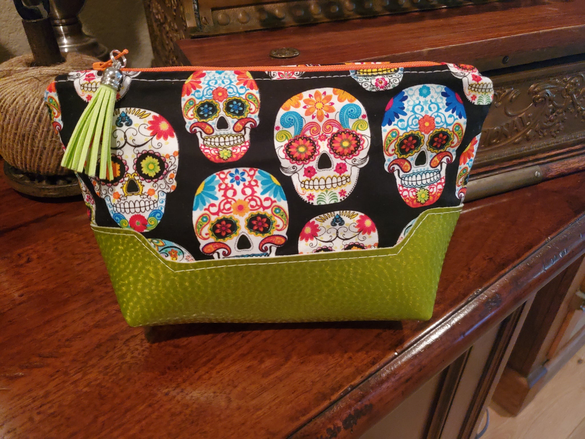 Sugar Skull Fabric with Green Vinyl - Zippered Pouch